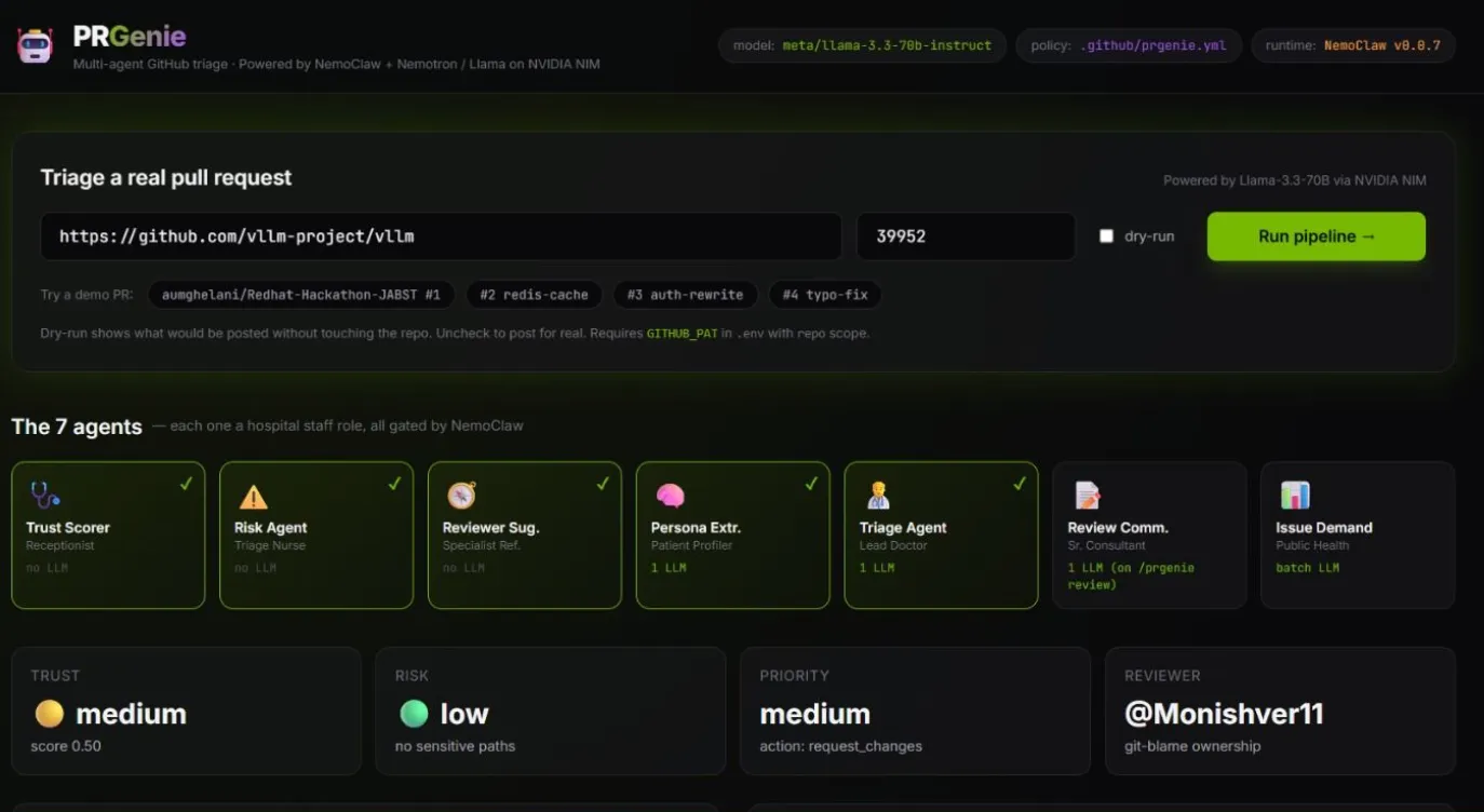 The PRGenie dashboard triaging a real pull request with its seven agents.