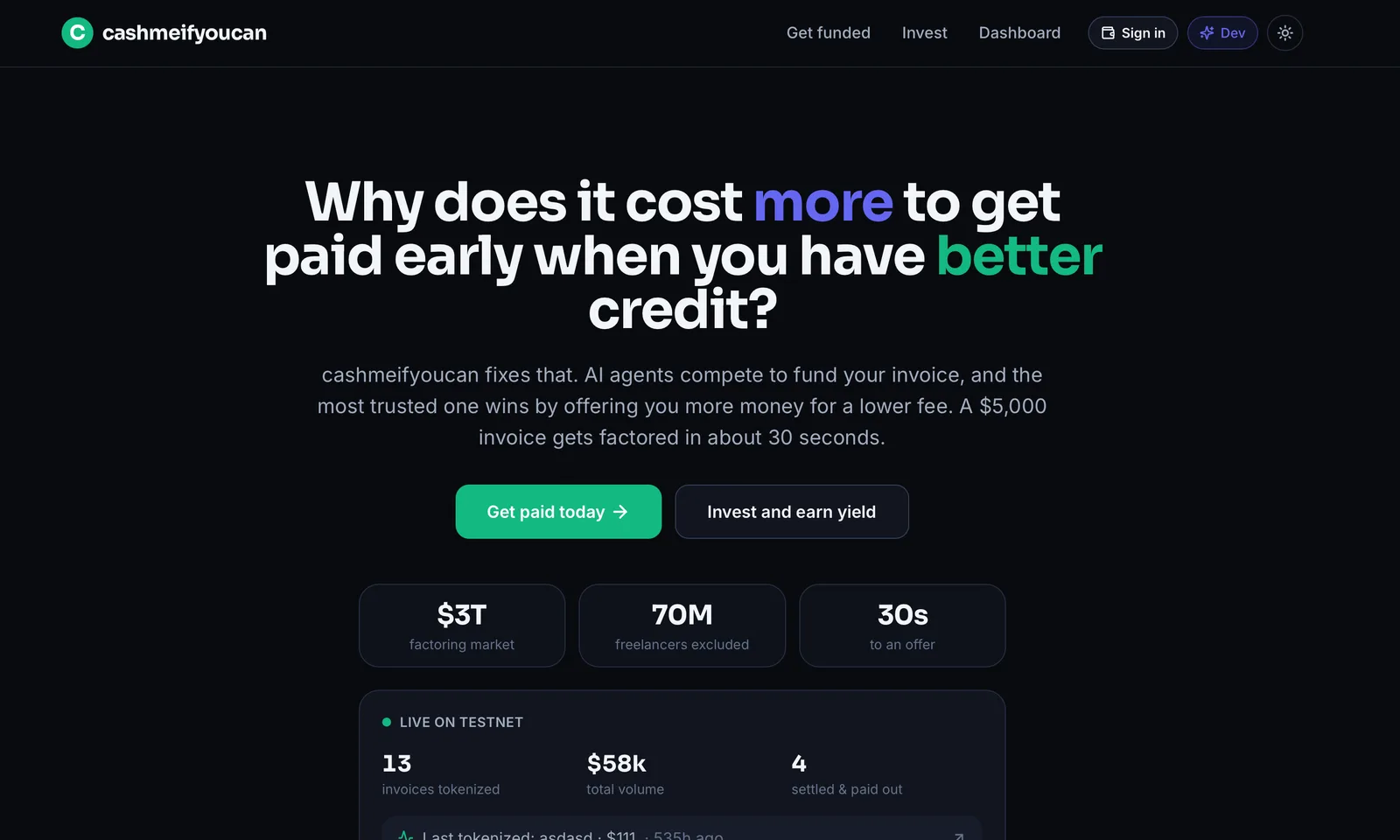 The CashMeIfYouCan web app, an invoice factoring marketplace built on Hedera.